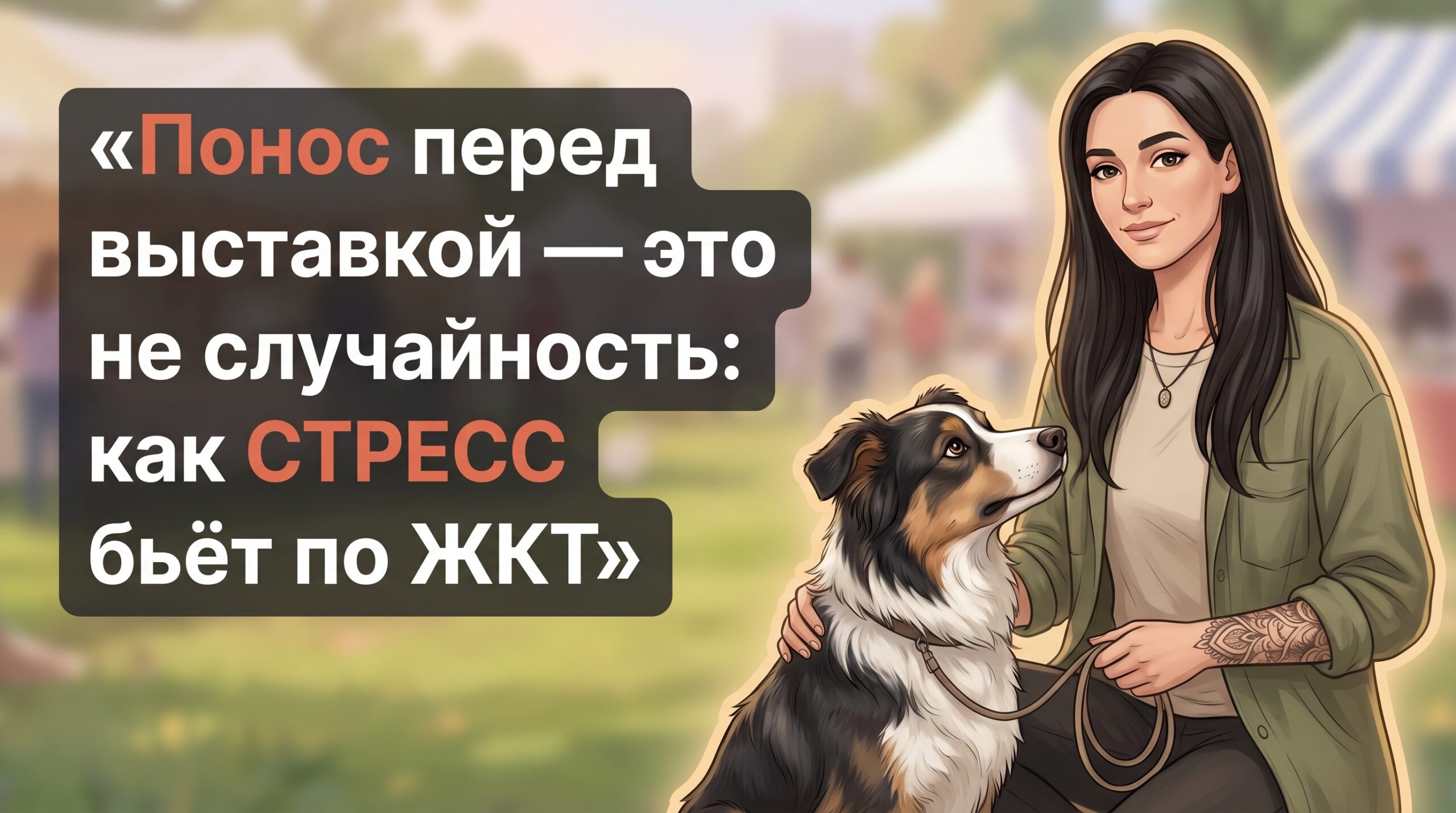 Обложка Korektika-Pes: Анна с собакой у ринга, заголовок о стрессе и поносе у собаки.