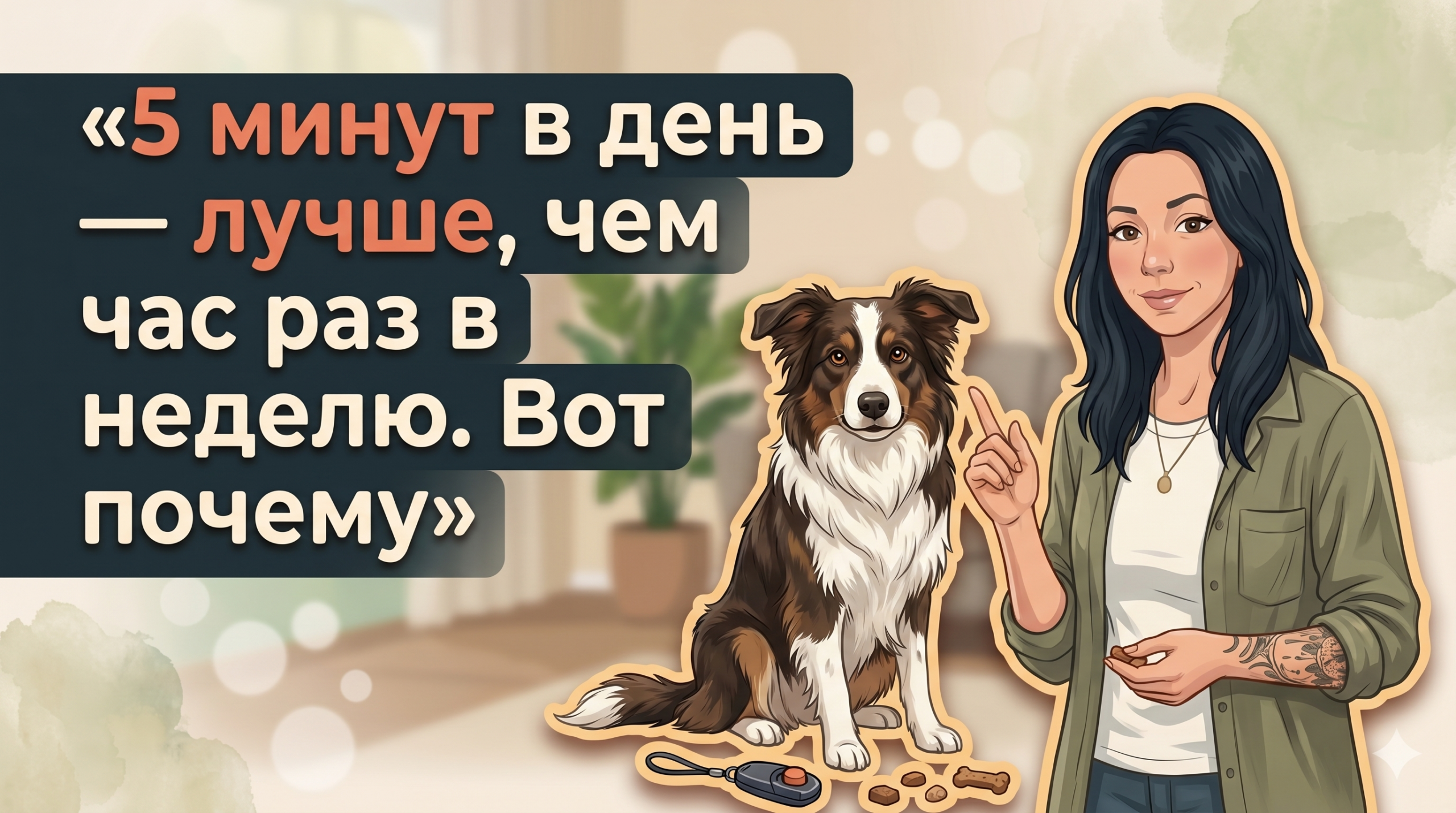 Анна Korektika-Pes и бордер-колли тренируются дома, на плашках заголовок про 5 минут в день.