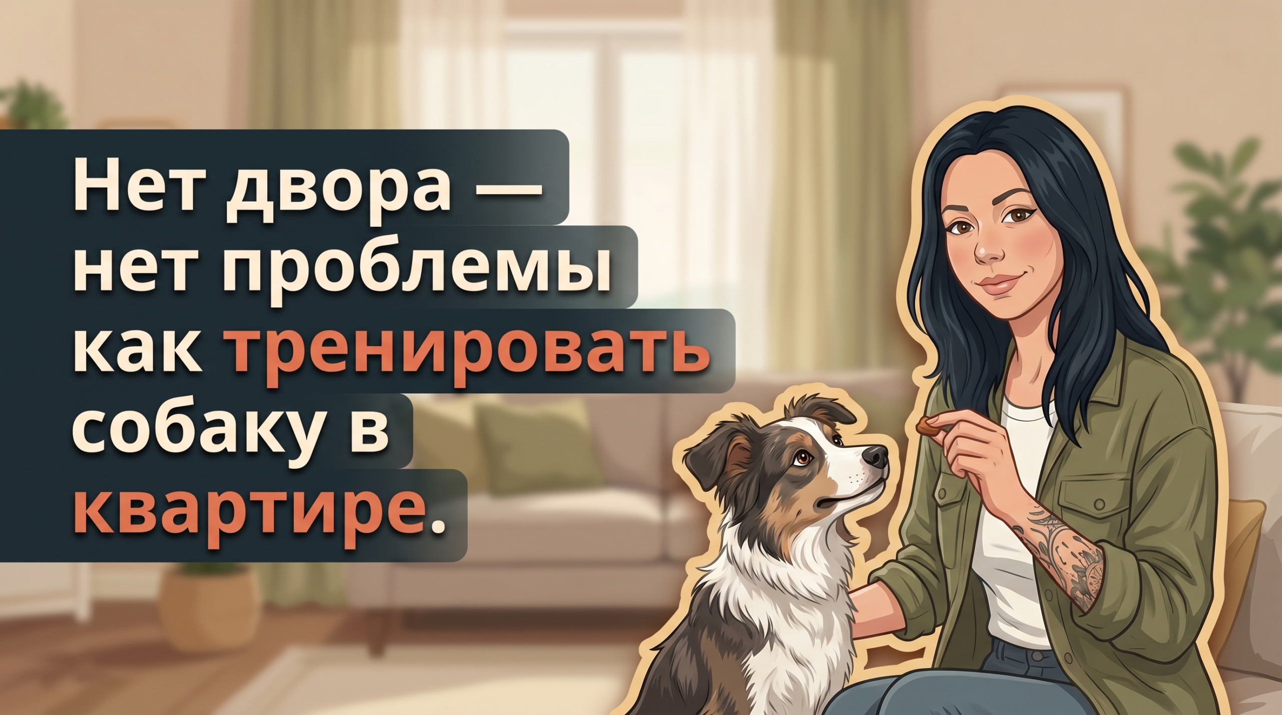 Обложка Korektika-Pes: Анна с татуировками тренирует собаку в уютной квартире.
