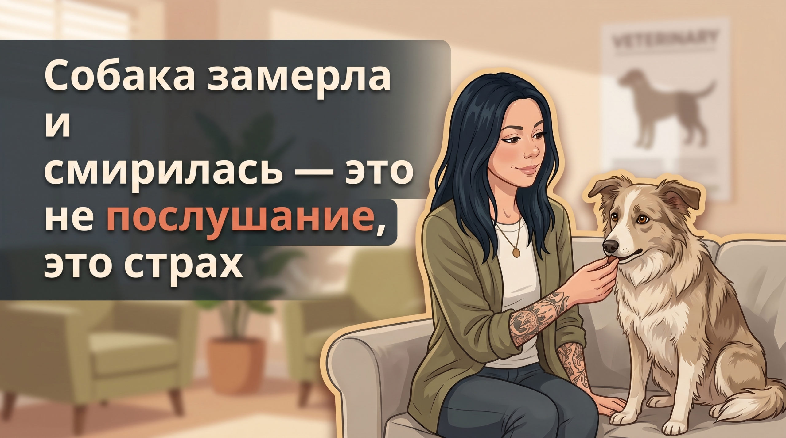 Анна из Korektika-Pes успокаивает напряжённую собаку на приёме у ветеринара, заголовок о страхе и заморозке.
