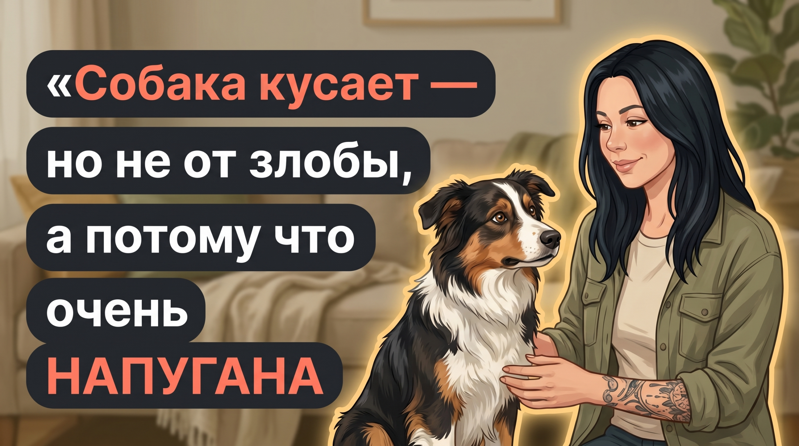 Обложка Korektika-Pes: Анна с татуировками рядом с настороженной собакой и заголовком о защитной агрессии.