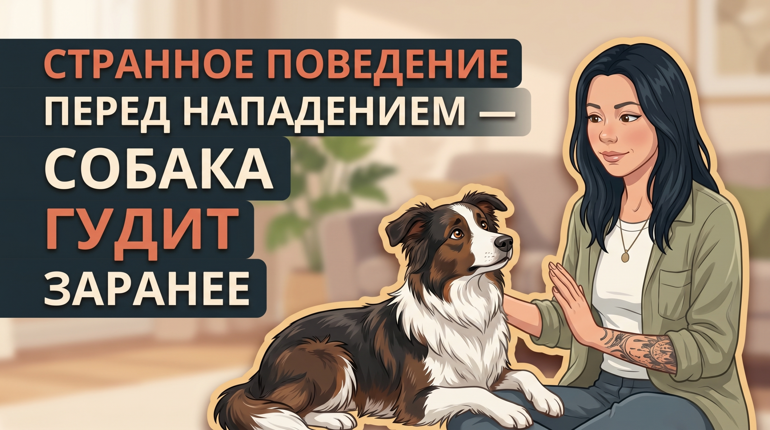 Обложка Korektika-Pes: Анна с татуировками и бордер-колли в комнате, заголовок про странное поведение до приступа.
