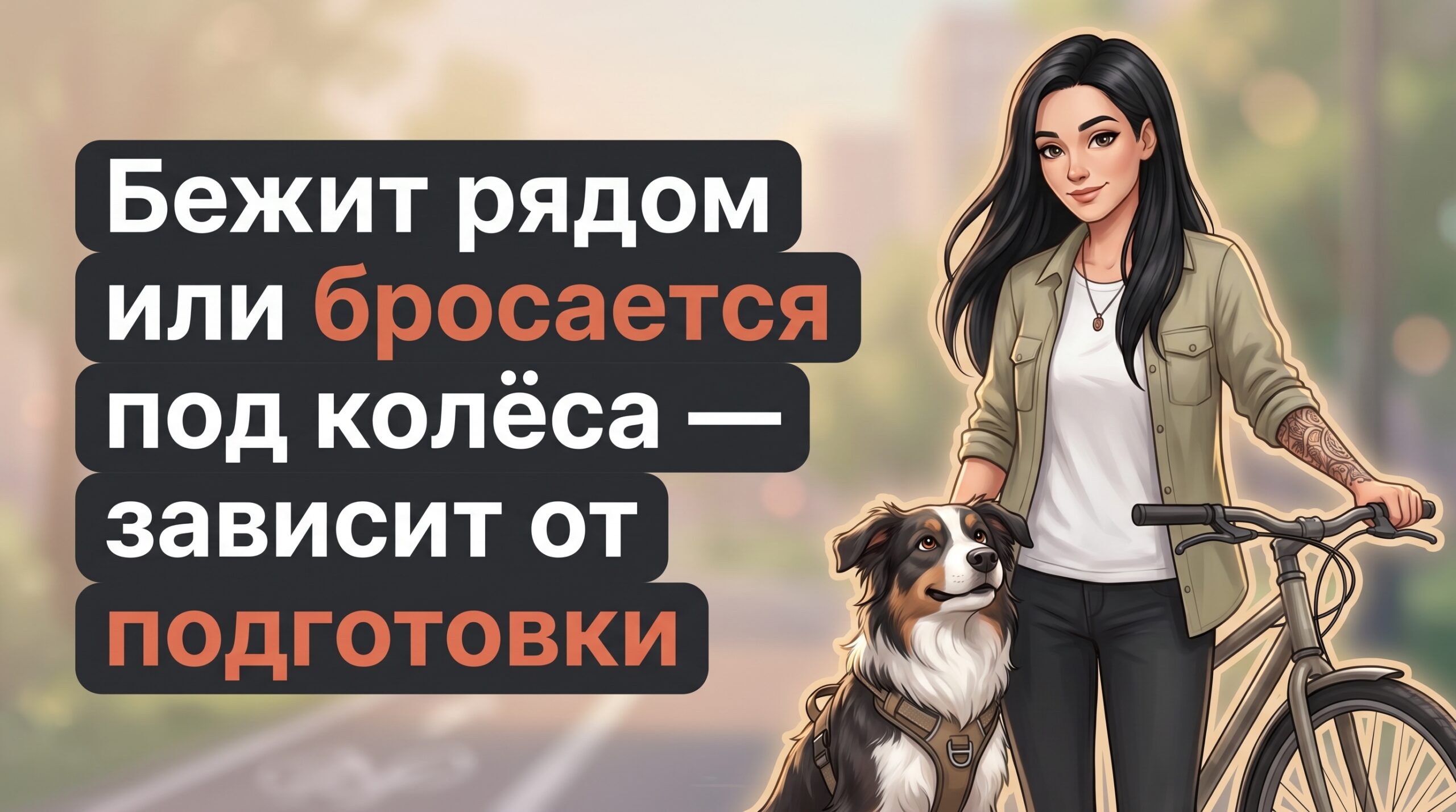 Обложка Korektika-Pes: Анна с татуировками и собака в шлейке рядом с велосипедом в парке.
