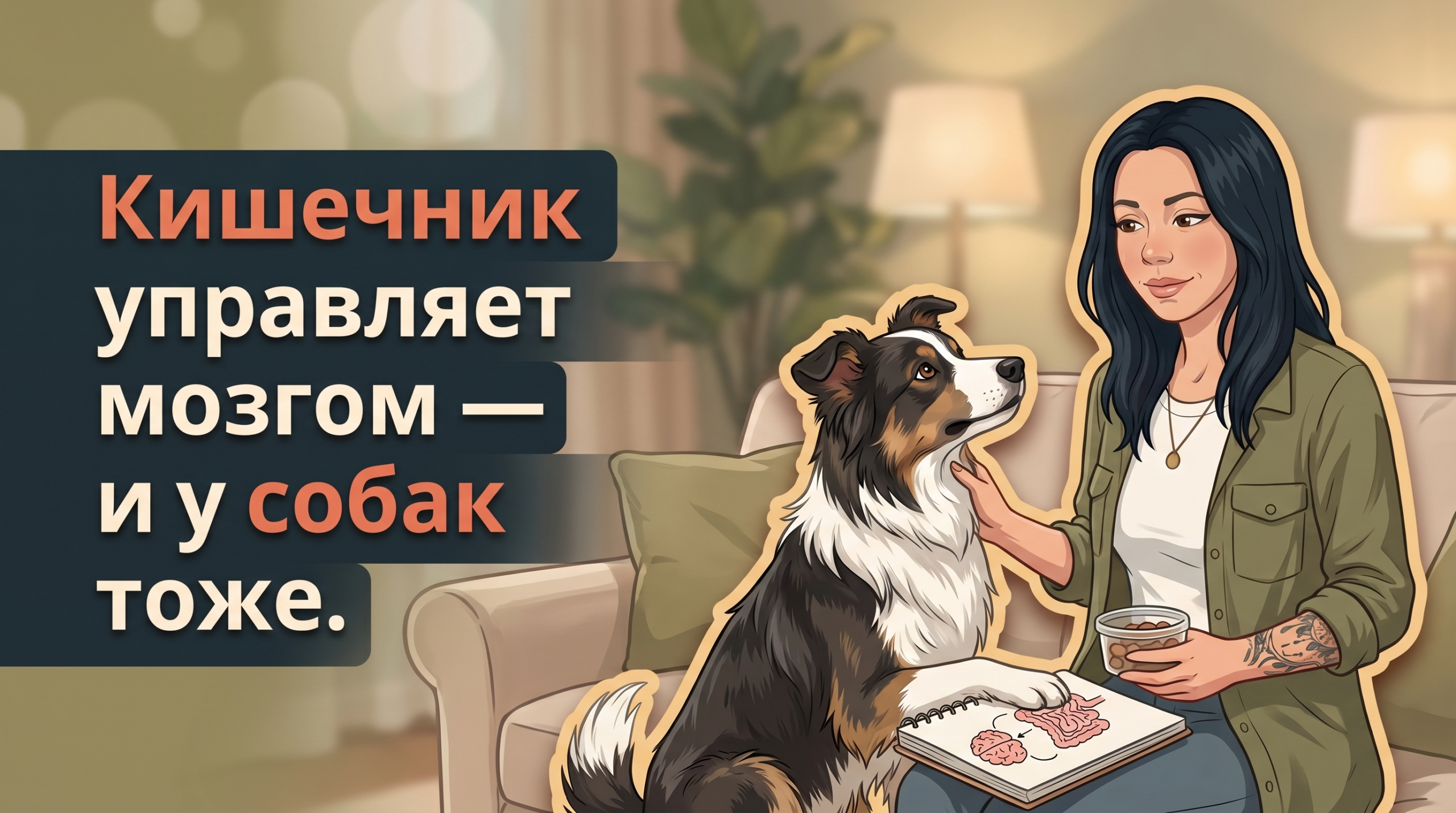 Обложка Korektika-Pes: Анна с бордер-колли в комнате, слева заголовок о микробиоме собаки.