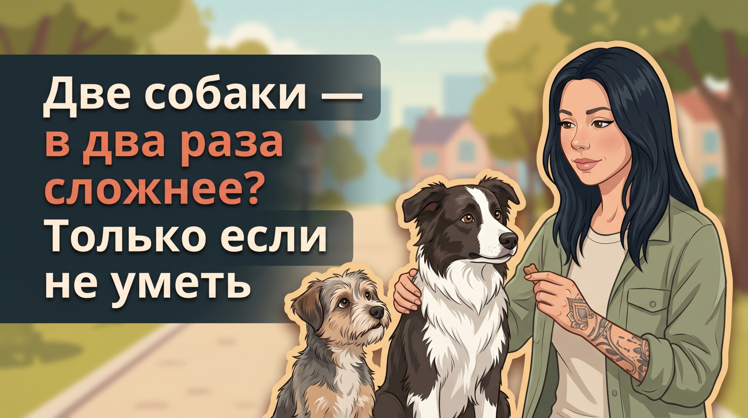 Обложка Korektika-Pes: Анна с двумя собаками в парке и текст про обучение двух собак.