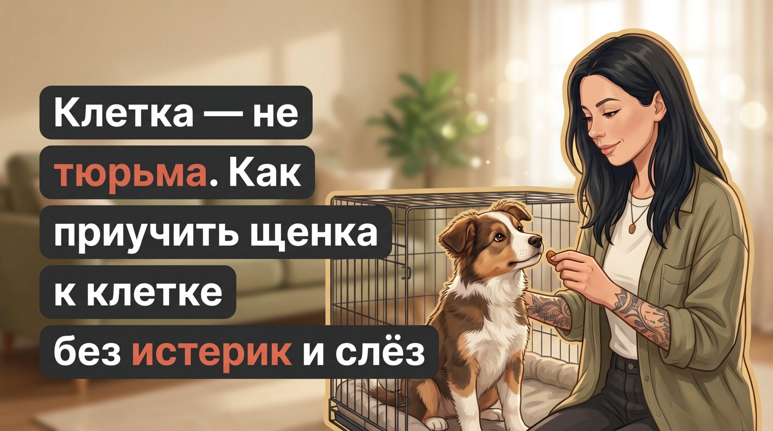 Обложка Korektika-Pes: Анна с щенком у открытой клетки и заголовок о приучении к клетке.
