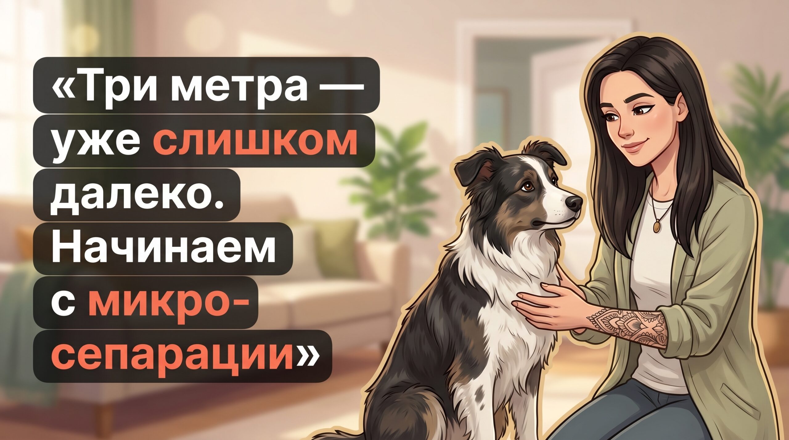 Обложка Korektika-Pes: Анна с татуировками рядом с собакой в комнате и заголовок про микро-сепарацию.