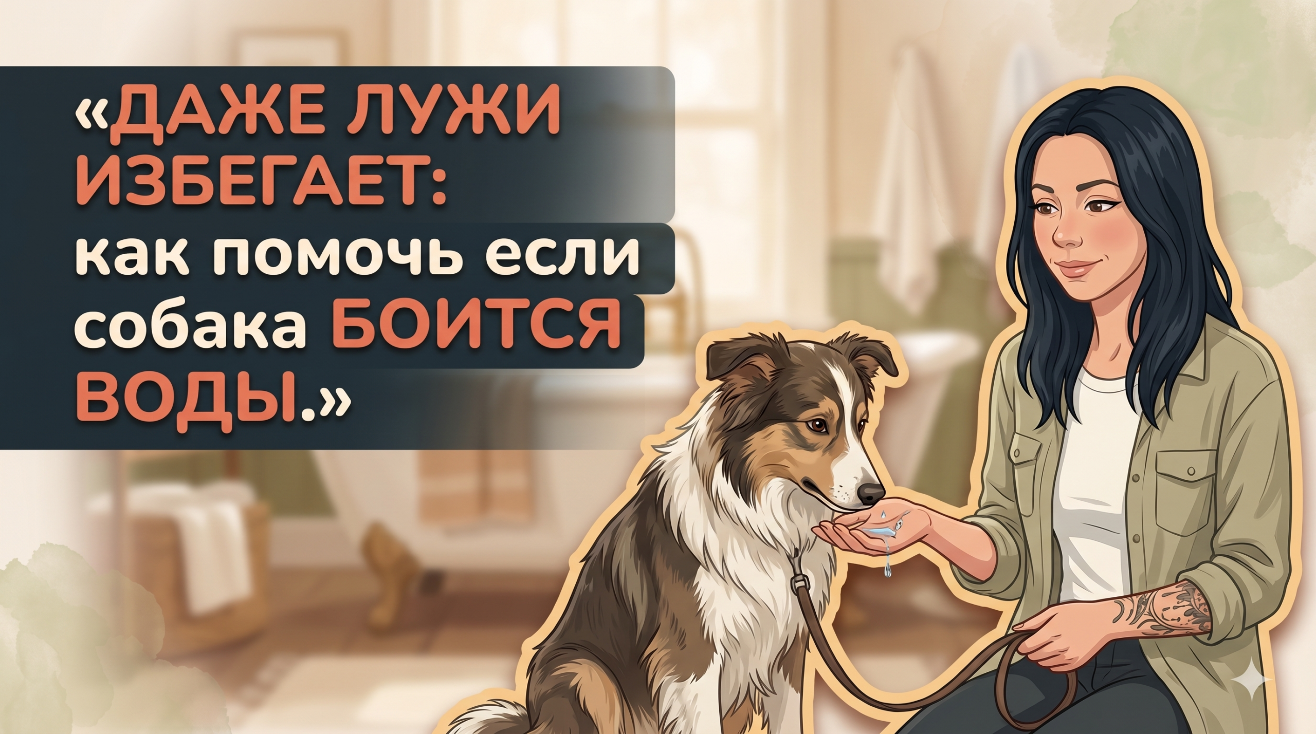 Обложка Korektika-Pes: Анна с татуировками и собака у ванны, заголовок о страхе воды.