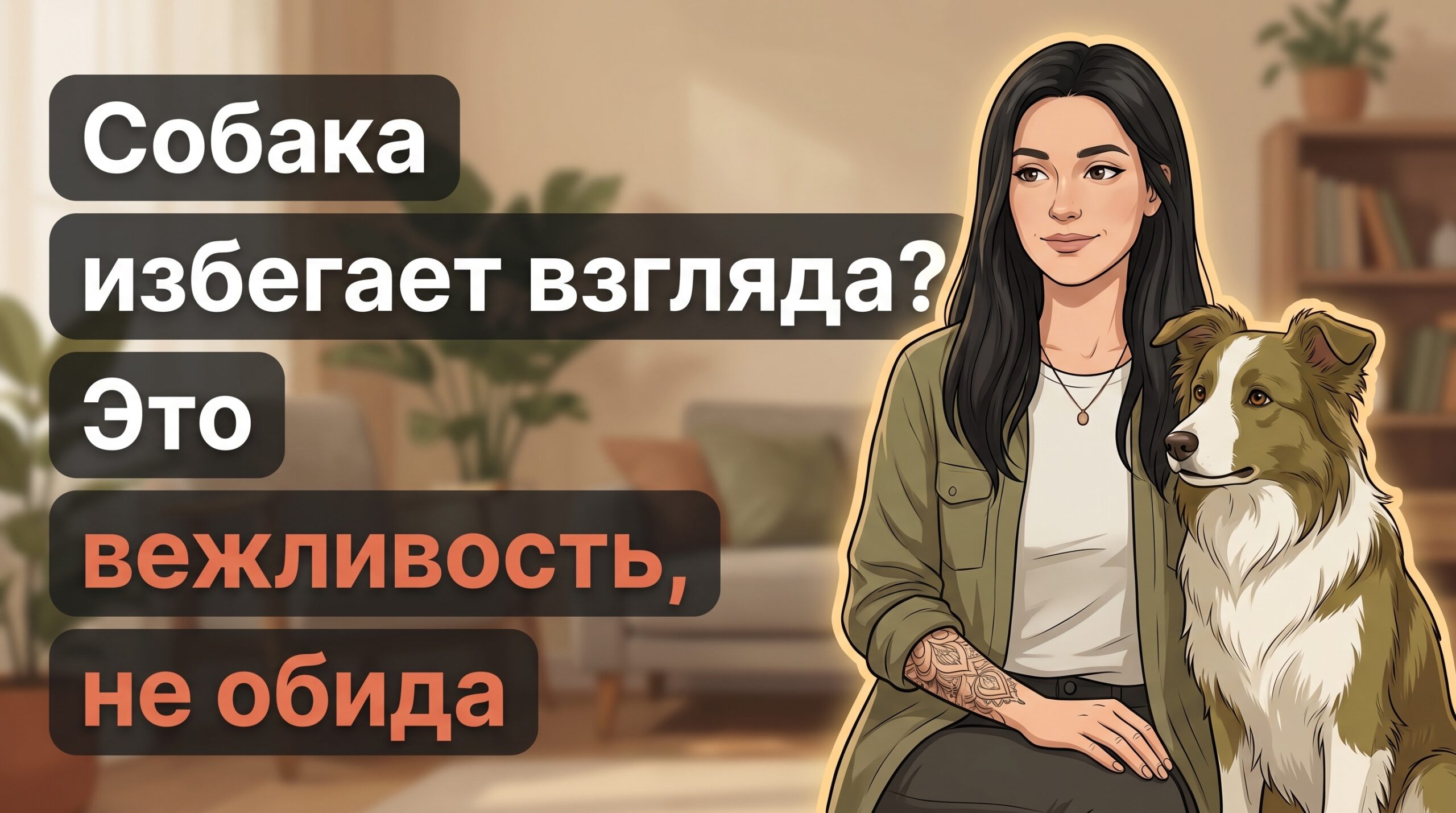 Обложка Korektika-Pes: Анна с собакой дома, текст о том, почему собака избегает взгляда.