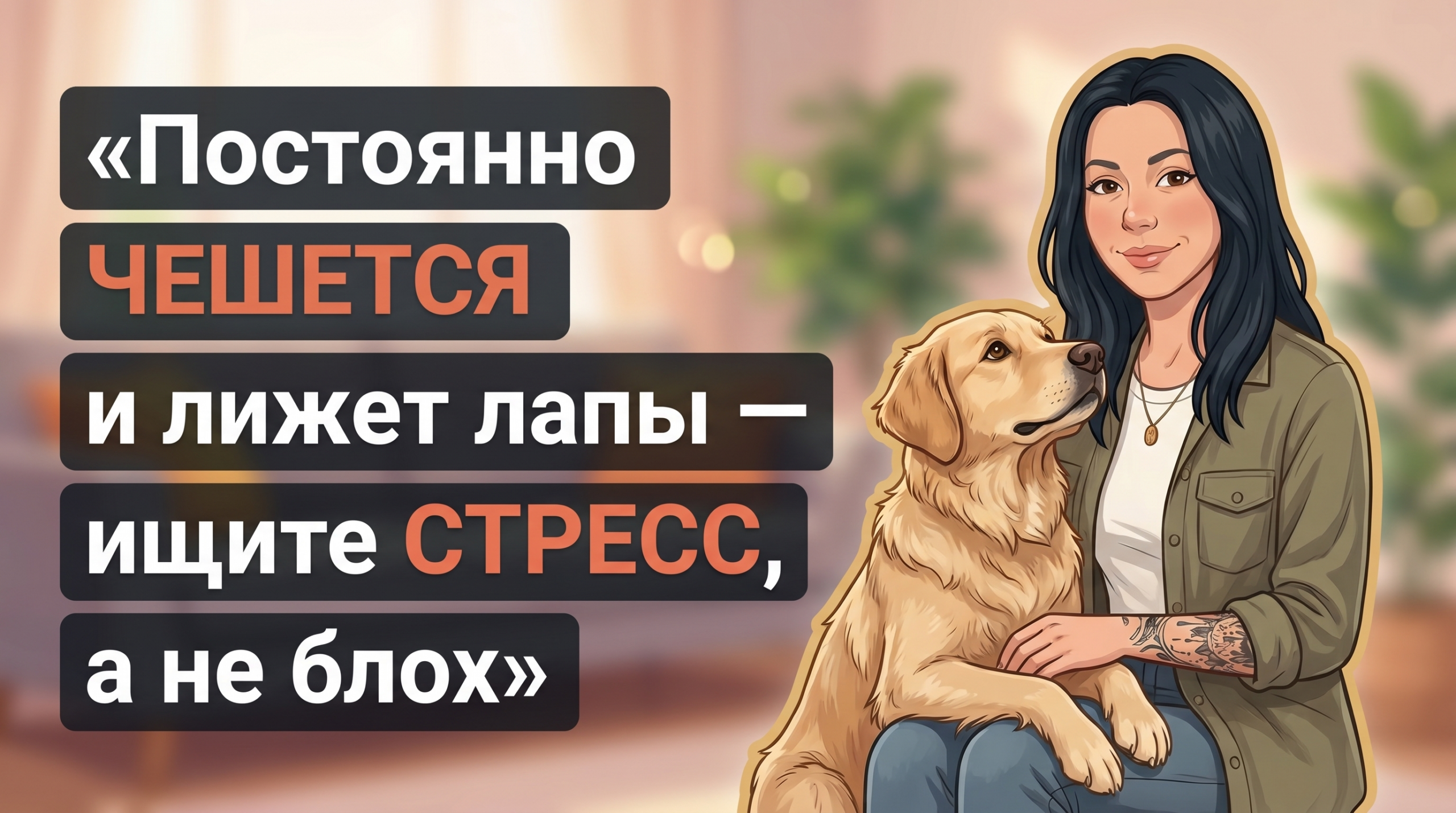 Обложка Korektika-Pes: Анна с собакой дома, рядом текст о стрессе, если собака лижет лапы.