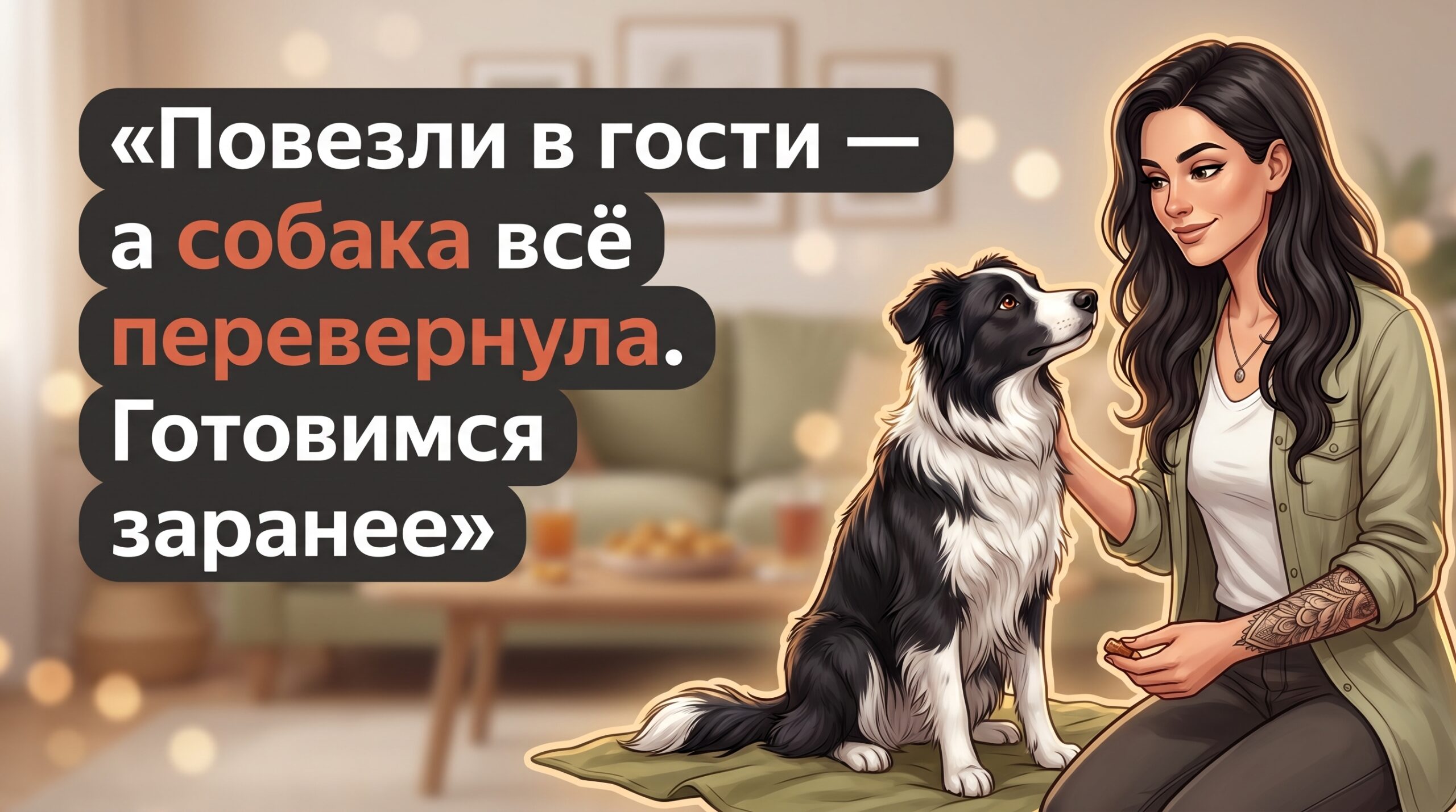 Обложка Korektika-Pes: Анна с бордер колли в гостиной и заголовок о собаке в гостях.