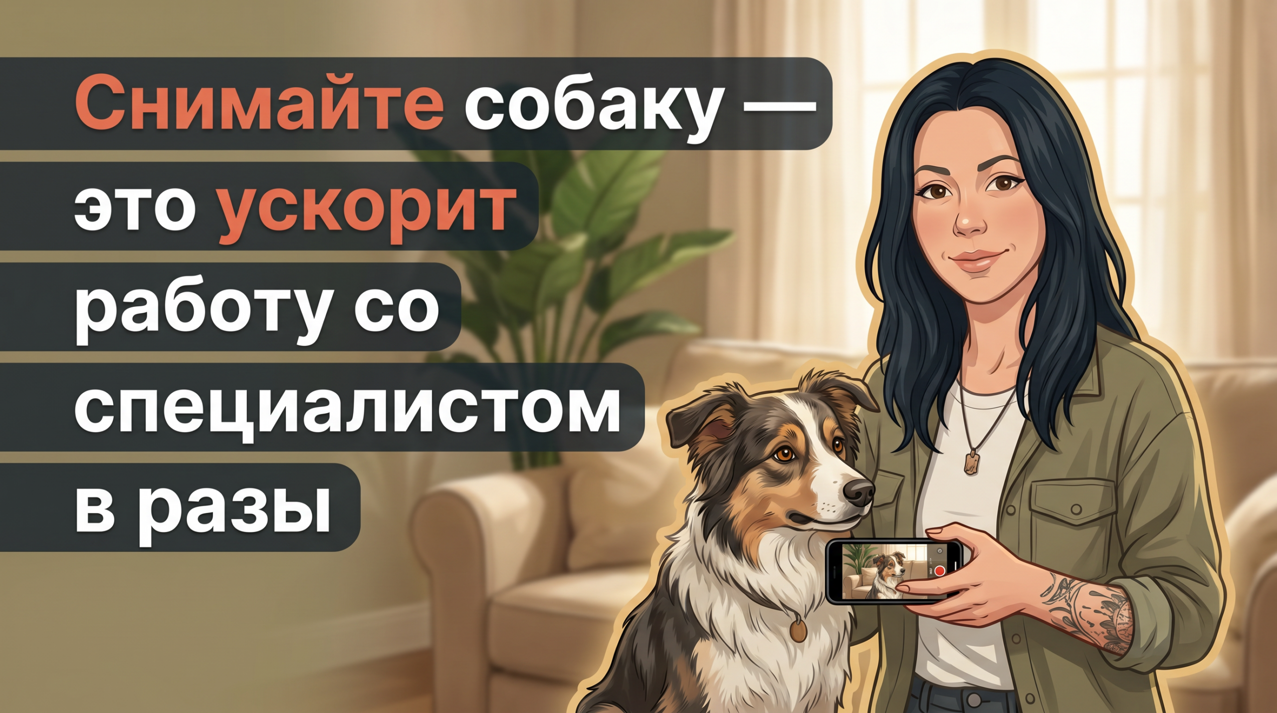 Детализированная обложка Korektika-Pes: Анна с татуировками снимает собаку на видео в гостиной.